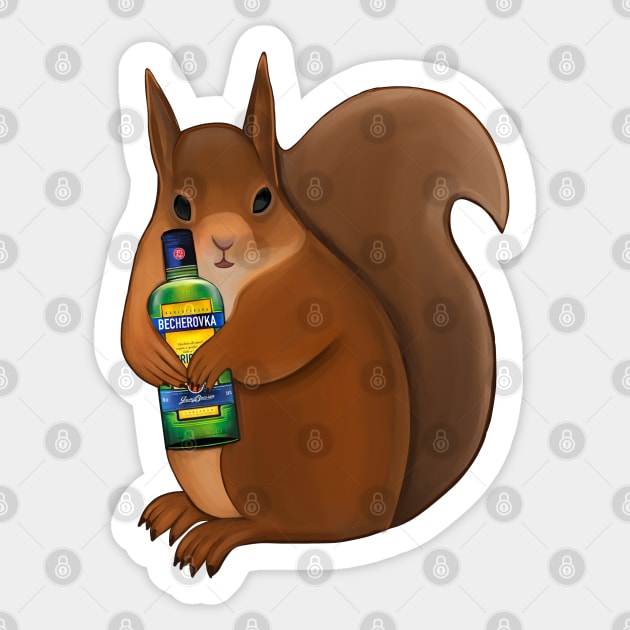Funny squirrel with bottle of beherovka Sticker by Meakm